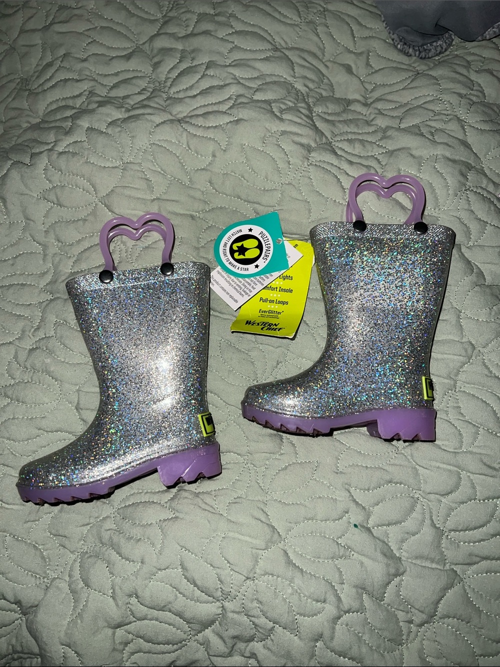 Western Chief Silver Glitter Kids Rain Boots with Purple Heart Handles